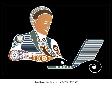 Man with laptop. Suitable for invitation, flyer, sticker, poster, banner, card,label, cover, web. Vector illustration.
