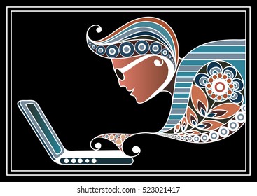 Man with laptop. Suitable for invitation, flyer, sticker, poster, banner, card,label, cover, web. Vector illustration.