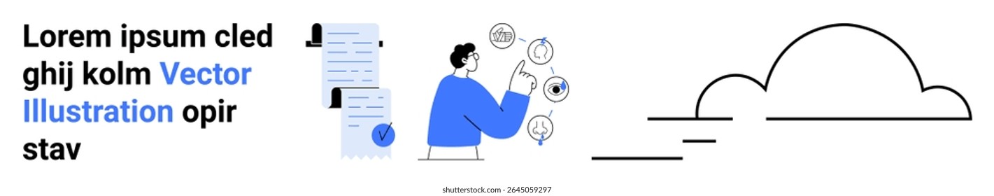 Homem com laptop cercado por bolhas de pensamento, leitura de pilha de documentos e contorno de nuvem. Ideal para projetos de negócios, produtividade, sessões de brainstorming, escrita criativa, blogs de tecnologia