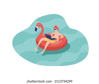 Man with laptop swiming on inflatable ring in the shape of a pink flamingo floating in the pool. Happy freelancer in sunglasses working at beach resort. Or tourist using the Internet during a rest.