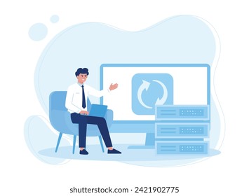 man with laptop synchronizing big data trending concept flat illustration
