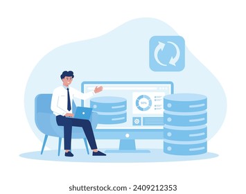 man with laptop synchronizing storage on website trending concept flat illustration