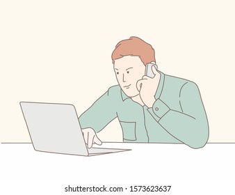 Man with laptop and talking on his phone. Hand drawn vector illustration.