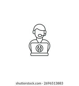 Hombre con icono de contorno de Asistencia técnica portátil. Se puede utilizar para cualquier promoción de acción de plataforma y maqueta publicitaria. Signo de símbolo aislado utilizado para: móvil, App, diseño, Web, dev, ui, ux, gui. EPS 10.