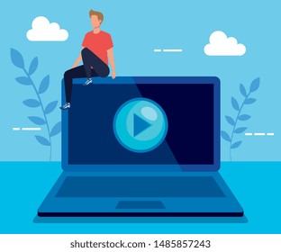 man with laptop technology and play video