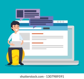 man with laptop technoogy and chat bubbles