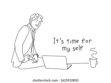 Man with laptop. It's time for my self card. Line drawing vector illustration.