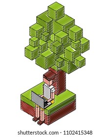 man with laptop in the tree isometric avatar character