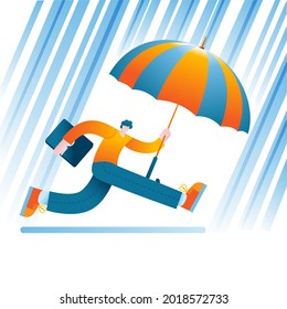A man with a laptop and an umbrella runs in the rain. Vector illustration in a flat style of autumn and rush to work.
