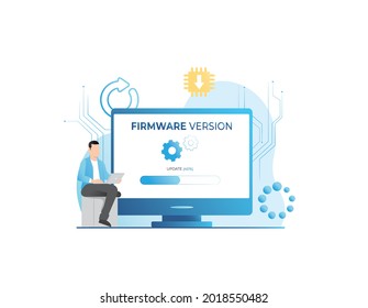 Man in laptop updates operating system, configures new firmware version with percentage bar on screen. Setting up computer with gears, plugins. Internet programming, software installation.