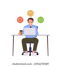 Man laptop user doing shopping online, internet shop client purchasing remotely isolated on white