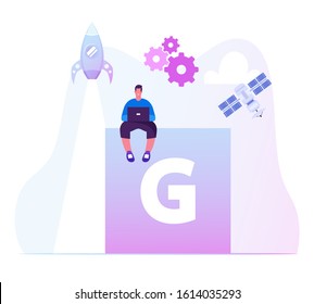 Man with Laptop Using 5G Internet for Business Startup Projects, Recreation, Chatting Texting in Social Network. Communication Services for Gadgets, Smart Technologies. Flat Vector Illustration