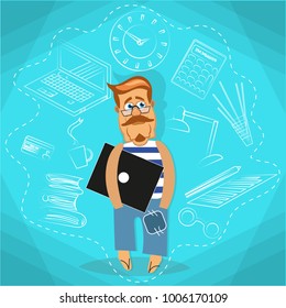 A man with a laptop and various elements of everyday life on a blue background. Vector Illustration
