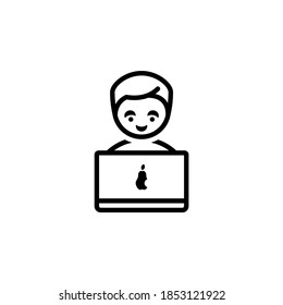 Man with a laptop vector icon for freelance, online education, business, distant work websites, apps etc. Boy with a laptop isolated on white background. Working and studying at home. Line art