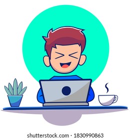 Man and laptop Vector Icon Illustration. Coffee, Office Icon Concept White Isolated. Flat Cartoon Style Suitable for Web Landing Page, Banner, Sticker, Background