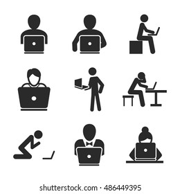 Man with laptop vector icons. Simple illustration set of 9 man with laptop elements, editable icons, can be used in logo, UI and web design