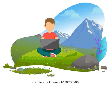 Man with laptop vector, person working on nature, freelance job distant work. Tourist hiker with computer and internet connection, traveling worker. Mountain tourism