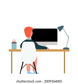 man with laptop video conference working from home sitting on the desk at home