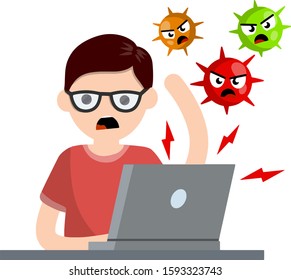 Man at laptop with virus. problem with the computer. Hacker attack. Online threat. Young angry guy. Account hacking. Cartoon flat illustration