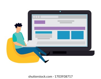 hombre y portátil con diseño de ilustración vectorial de página web