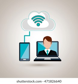 man laptop wifi smartphone vector illustration design