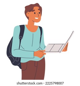 Man with laptop, wireless gadget user. Male characters social conversation or freelance work isolated flat vector illustration on white background
