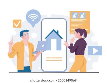 Man with laptop and woman using smart home app on large mobile device screen, surrounded by digital icons, modern flat style, on white background. Concept of technology. Vector illustration