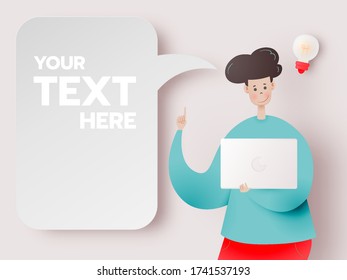 Man with laptop for work from home  idea in paper art style with pastel color scheme background vector illustration
