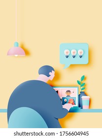 Man with laptop for work from home  idea in paper art style with pastel color scheme background vector illustration