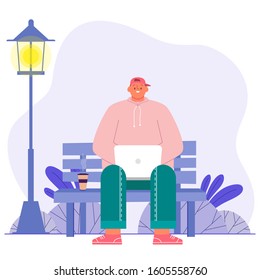 Man with laptop work remotely Vector Illustration