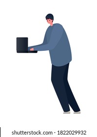 Hombre con diseño de trabajo para laptop Trabajo desde el tema del hogar Ilustración vectorial