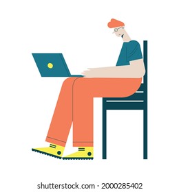 Man with laptop working at desk on white background