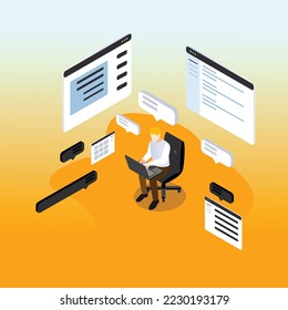 hombre con el trabajo de portátil isométrico 3d concepto de ilustración vectorial para banner, sitio web, ilustración, página de aterrizaje, volante, etc.