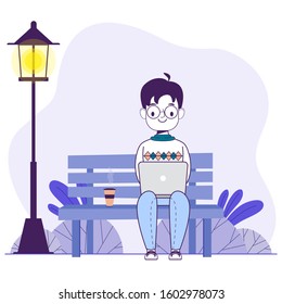Man laptop working nature freelance vector illustration