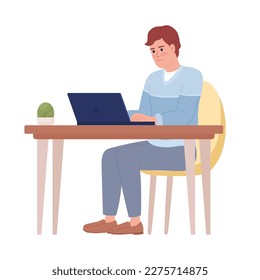 Man with laptop working at office table semi flat color vector character. Editable figure. Full body person on white. Simple cartoon style spot illustration for web graphic design and animation