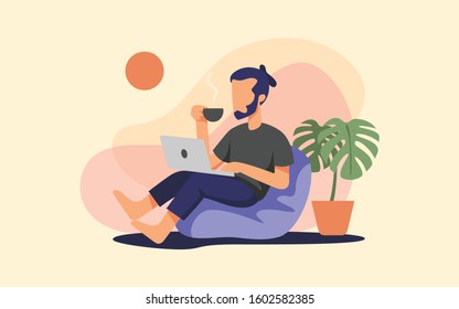 Man with laptop working on a bean bag while sipping coffee. Flat Style Illustration.