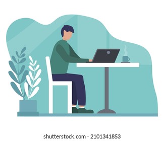 Man at laptop working remotely in cafe. vector flat illustration
