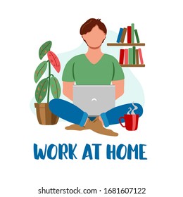 Man with laptop working or studying at home. People at home in self quarantine, protection from virus. Conceptfor working, freelancing, studying, education, work from home. Vector flat illustration 