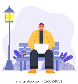 Man Laptop Working Vector Illustration