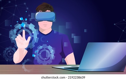 Man with laptop working in vr headset. Programmer augment hologram gears Infographic. Web engineer creating metaverse digital technology system. Virtual reality 3d design concept. Vector