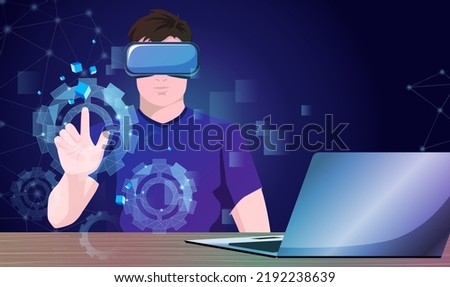 Man with laptop working in vr headset. Programmer augment hologram gears Infographic. Web engineer creating metaverse digital technology system. Virtual reality 3d design concept. Vector