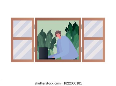 Hombre con portátil que trabaja en el diseño de ventanas Trabajo desde el tema del hogar Ilustración vectorial
