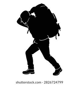 Man with large backpack on back. Black and white silhouette depicts burden and resilience, highlighting endurance and strength.