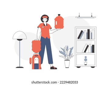 A man with a large bottle of water in his hands. Water delivery concept. Linear trendy style.