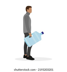 A man with a large bottle of water stands on a white background