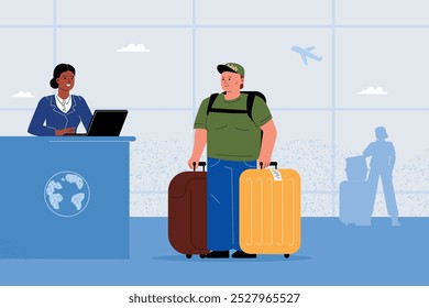 Un hombre de complexión Grande se registra en el aeropuerto.