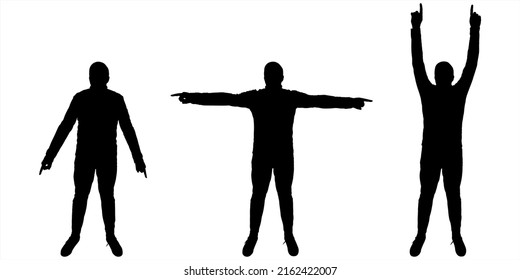 A man of the large build is engaged in gymnastics. Young guy with his hands up. Foreground, full face. Three human body poses are suitable for motion animation. Male black silhouette isolated on white