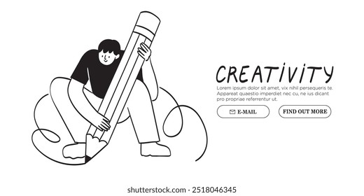 Man with large pencil drawing. Young person hold big pencil. Cute funny isolated character. Doodle style hand drawn vector illustration. Drawing, writing, creating, web design, blogging concept.