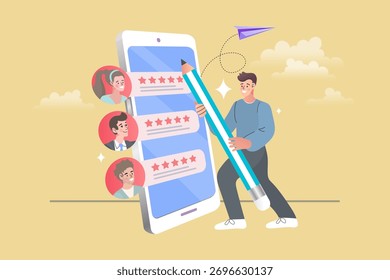 Um homem com um lápis grande escreve avaliações de 5 estrelas em um aplicativo móvel. Esta ilustração de estrutura de tópicos duotônica simboliza feedback positivo do cliente, classificações on-line e satisfação do serviço.
