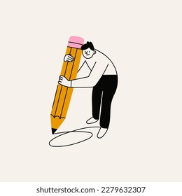 Man with a large Pencil. Young person holding big pencil. Cute funny isolated character. Cartoon style. Hand drawn Vector illustration. Drawing, writing, creating, design, blogging concept